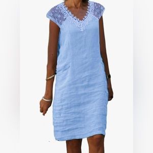 New Women’s Linen Knee Length Periwinkle Blue V Neck Crochet T-Shirt Dress